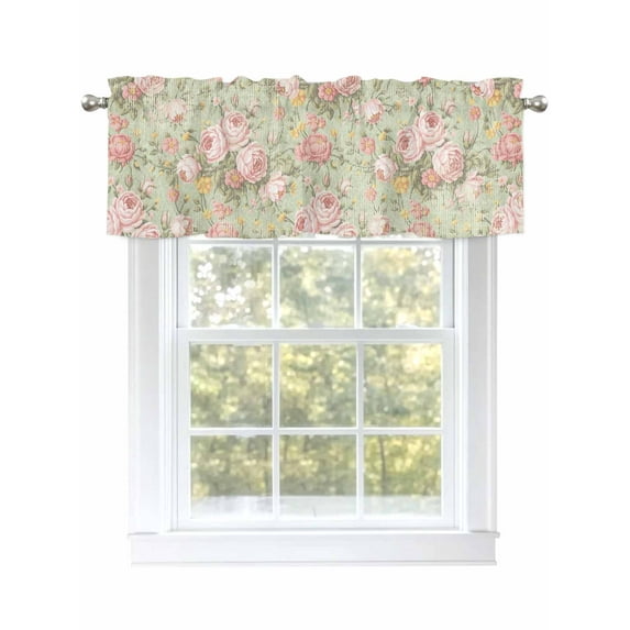 Retro Flowers Valances for Windows Watercolor Camellia Pink Illustration Rod Pocket Curtains Valance Short Window Treatment Drapes for Living Room, Bedroom Bathroom 54" W x 18" L
