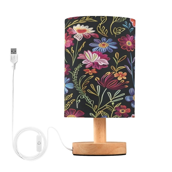 Retro Flowers Vintage Bedside Table Lamp Desk Warm Lights with USB Charging Port Cylinder LED Lamps for Bedroom Living Room Office