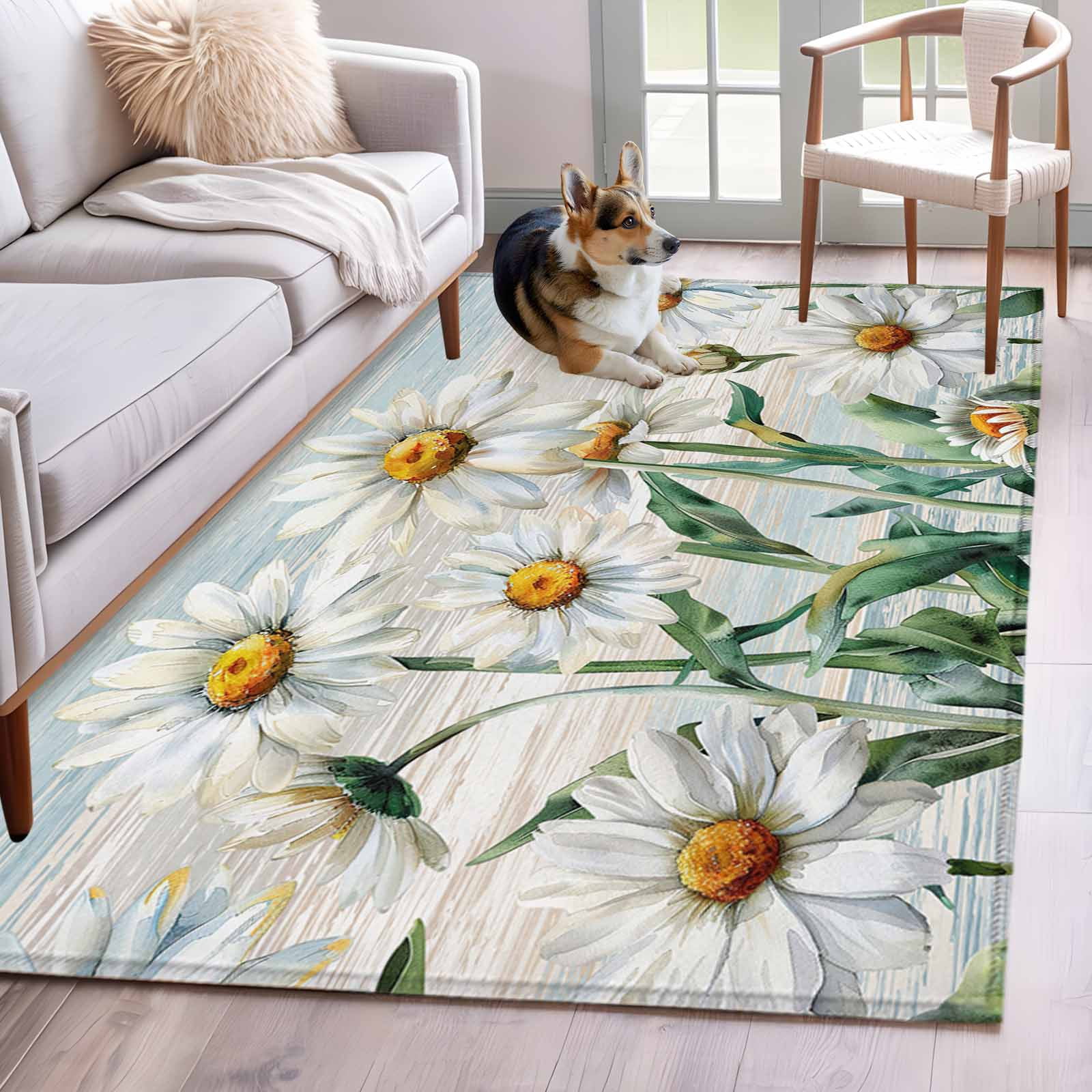 Small Daisy Rug Retro Flowers Washable Area Rug 3x5 Daisy Wildflowers Plants Blue Wood ...