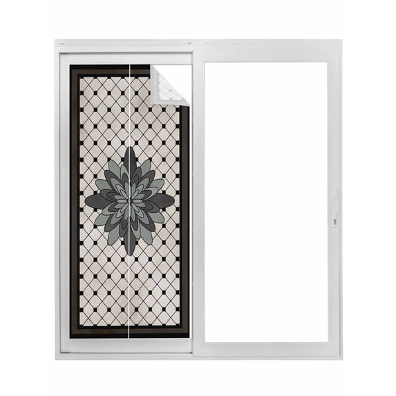 Retro Flowers Window Privacy Film, Boho Ethnic Retro Abstract Florals Grid Static Cling UV Sun Blocking Tint Film Heat Control Windows Films for Bedroom Bathroom, Window Stickers 17.7"x39.3"