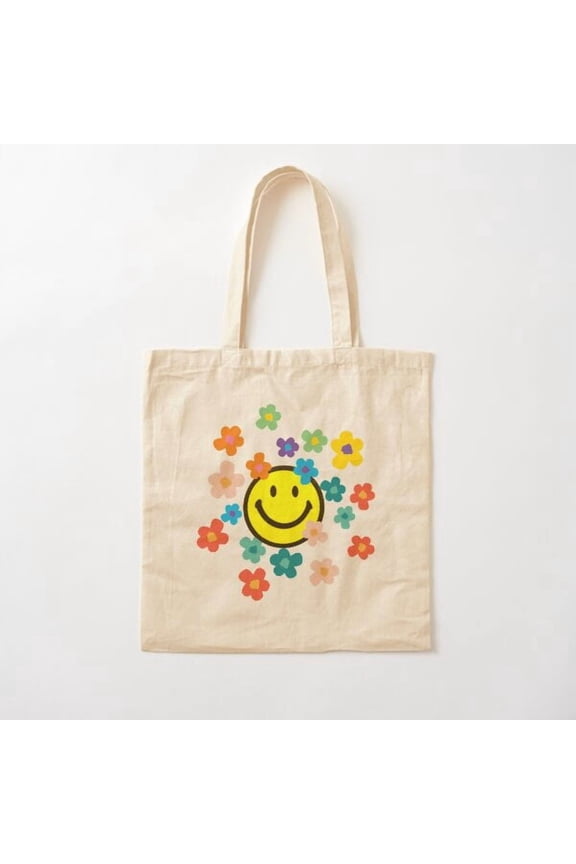 Retro Flowers With A Smiley Face Style 002 Canvas Tote Bags, Reusable Shopping Bag