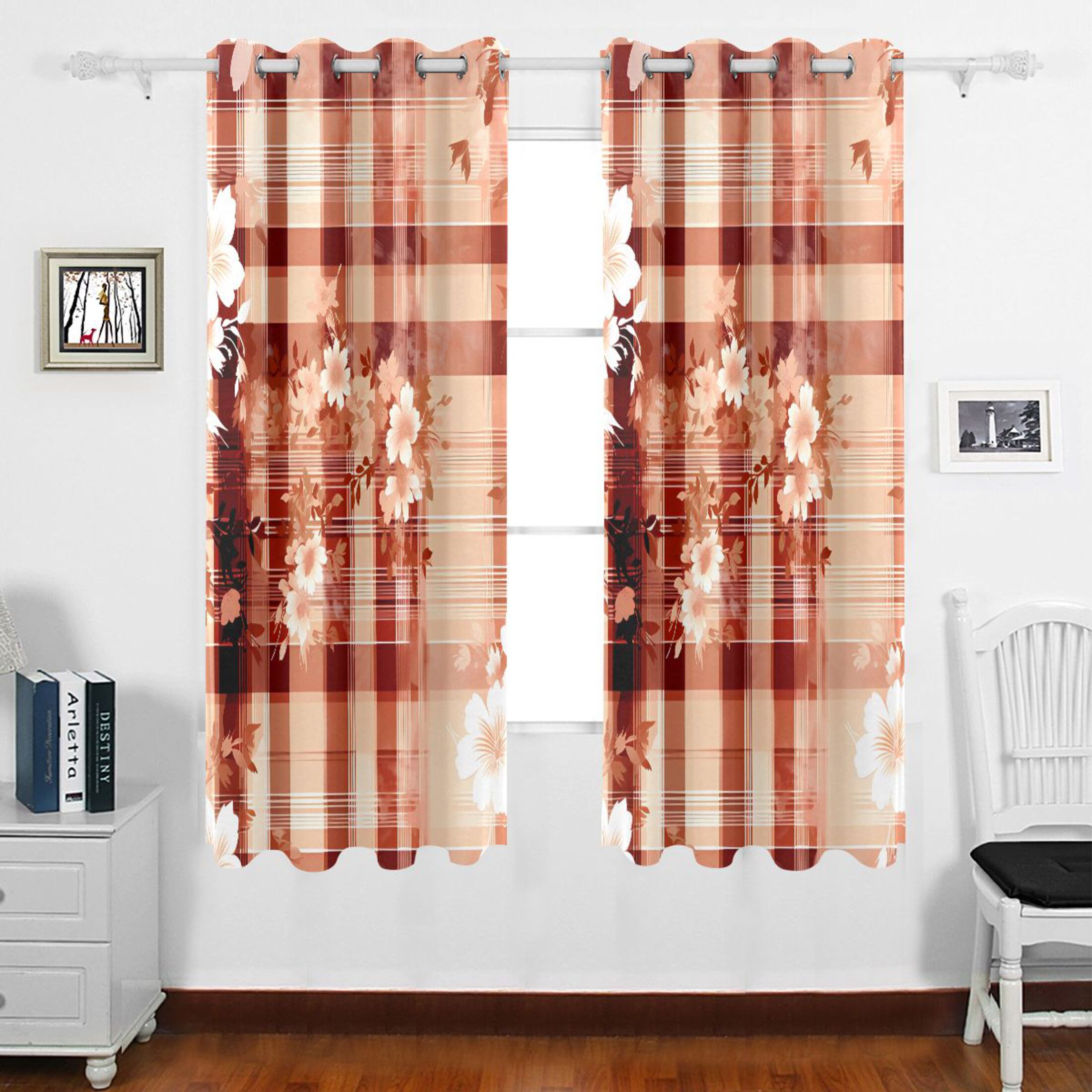 Retro Flowers and Grid Grommet Blackout Curtains Thermal Insulated
