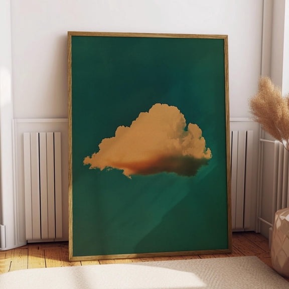 Retro Fluffy Cloud in the Sky Poster Abstract Minimalist Wall Art Print Emerald Green Illustration Print Wall Art Moody Bedroom Decor