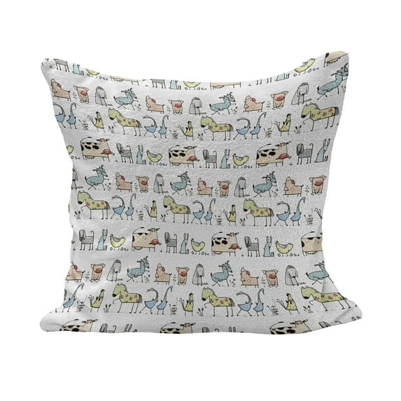 Retro Fluffy Throw Pillow Cushion Cover, Cartoon Village of Domestic Animals Goat Goose Sheep Funny Patterns, Decorative Square Accent Pillow Case, 16" x 16", Yellow Beige, by Ambesonne