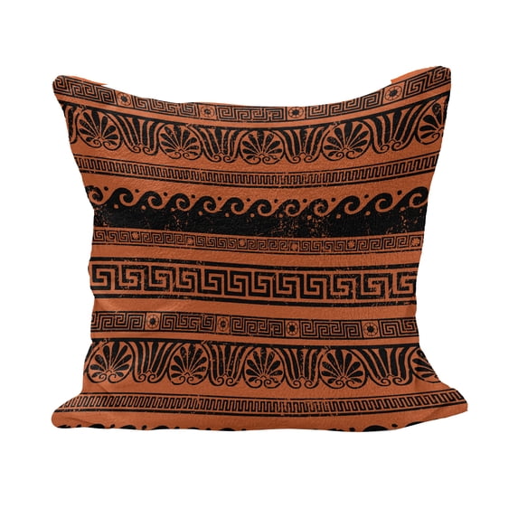 Retro Fluffy Throw Pillow Cushion Cover, Classical Border Ornaments in Greek Style Grunge Aged Display Print, Decorative Square Accent Pillow Case, 36" x 36", Orange Black, by Ambesonne