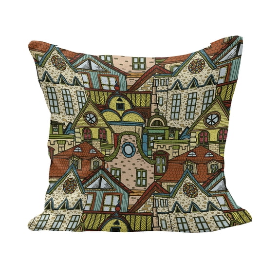 Retro Fluffy Throw Pillow Cushion Cover, Hand Drawn Old City in Colorful Tones European Buildings Featured Town Place Picture, Decorative Square Pillow Case, 24" x 24", Multicolor, by Ambesonne