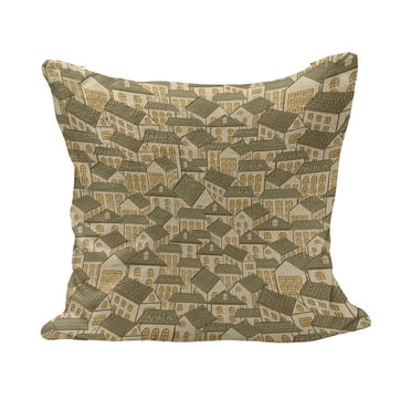 Retro Fluffy Throw Pillow Cushion Cover, Hand Drawn Village Town Houses Pattern with Pyramidal Roofs, Decorative Square Accent Pillow Case, 18" x 18", Reseda Green Sand Brown, by Ambesonne