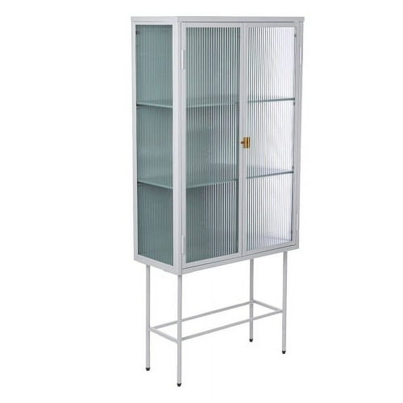 Retro Fluted Glass Storage Cabinet, Tall Freestanding Display Cupboard Stylish with Three Detachable Shelves, White