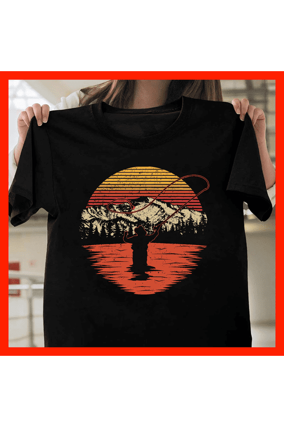 Retro Fly Fishing Sunset T-Shirt, Vintage Mountain Lake Angler Tee, Outdoors Adventure Apparel H357, for Unisex, Up to Size 5XL