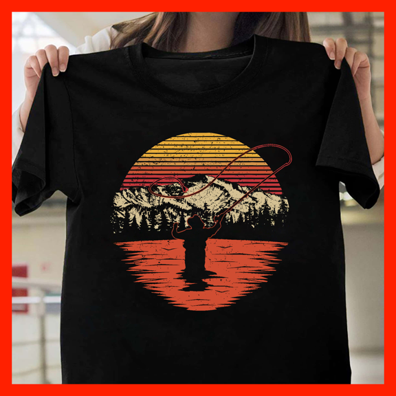 Retro Fly Fishing Sunset T-Shirt, Vintage Mountain Lake Angler Tee, Outdoors Adventure Apparel H357, for Unisex, Up to Size 5XL
