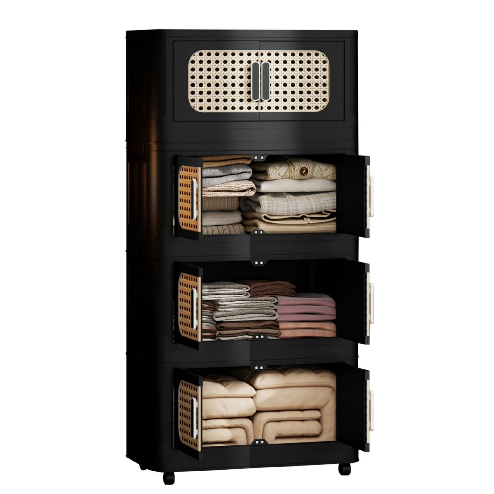 Retro Folding Storage Cabinet with Wheels, 4-Tier Collapsible Plastic Storage Organizer with Magnetic Door, Portable Side Storage Cabinet for Living Room, Bedroom, Kitchen, Black