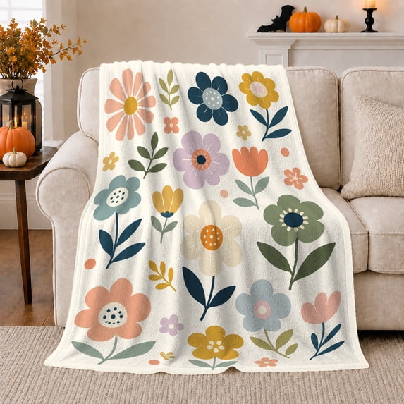 Retro Folk Art Flower Pattern, Cozy Botanical Garden Scene, Warm Flannel Blanket for Sunroom and Reading Nook, Garden Lovers Housewarming Gift, Botanical Home Decor