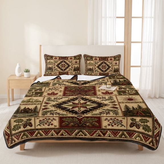 Retro Folk Art Patchwork 3 Pieces Quilt Set,1 Quilt with 2 Shams,Farmhouse Maple Leaf Berry Bedspread Soft Lightweight Bedding Coverlet Comforter Set for All Season 96"x106"