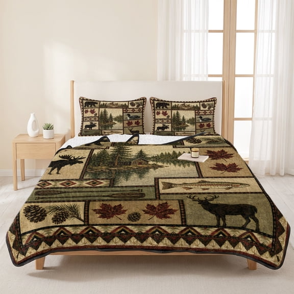Retro Folk Art Patchwork 3 Pieces Quilt Set,1 Quilt with 2 Shams,Forest Bear Elk Bedspread Soft Lightweight Bedding Coverlet Comforter Set for All Season 96"x106"