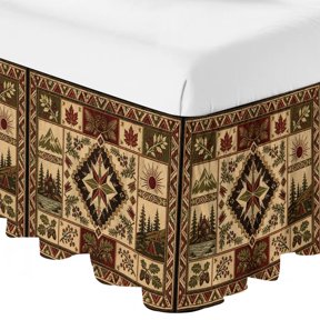Retro Folk Art Patchwork Bed Skirt 16 Inch Drop,Dust Ruffle Wrap Around Bed Skirts for Queen Size Bed, Farmhouse Maple Leaf Berry Adjustable Elastic Bedskirt Bed Frame Cover