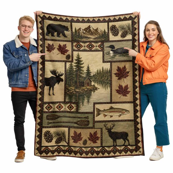 Retro Folk Art Patchwork Throw Blanket Flannel Fleece Throws, Forest Bear Elk Lightweight Super Soft Warm Blankets for Couch Sofa Bed All Season Use,30x40 IN