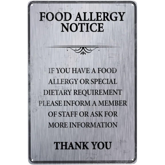 Retro Food Allergy Safety Notice Metal Tin Sign, Funny Wall Decor for Home Cafe Restaurant, Food Service Allergy Sign, 8x12 Inch