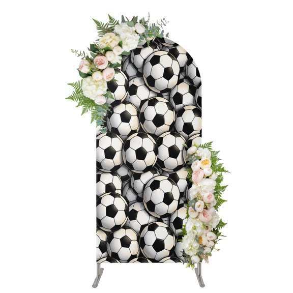 Retro Footballs Arch Backdrop Cover 4FT, Black White Balls Sports Gaming Spandex Fitted Stretchy Arch Stand Covers, Round Top Chiara Backdrop Cover for Wedding Party Birthday Baby Shower