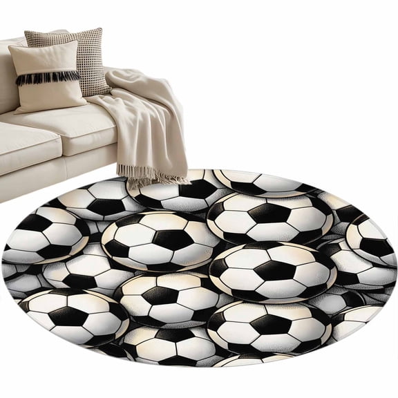 Retro Footballs Round Rug 3.3ft Washable Circle Entryway Rugs Non Slip Black White Balls Sports Gaming Area Rug Indoor Floor Carpet for Bedroom Kitchen Living Room Home Office Dining Room Nursery