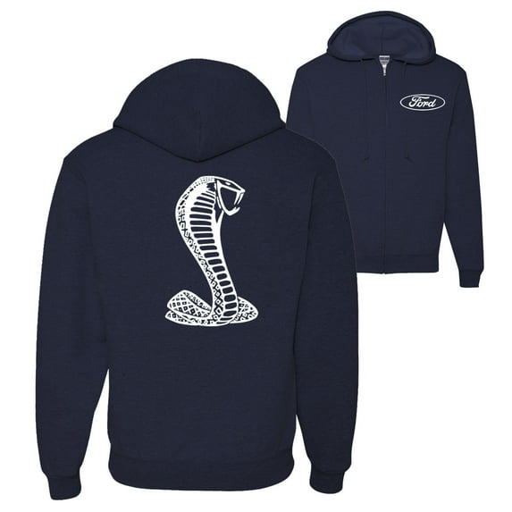 Retro Ford Shelby Cobra Emblem Vintage White Logo Front Back Cars and Trucks Graphic Zip Up Hoodie Sweatshirt, Navy, 2XL