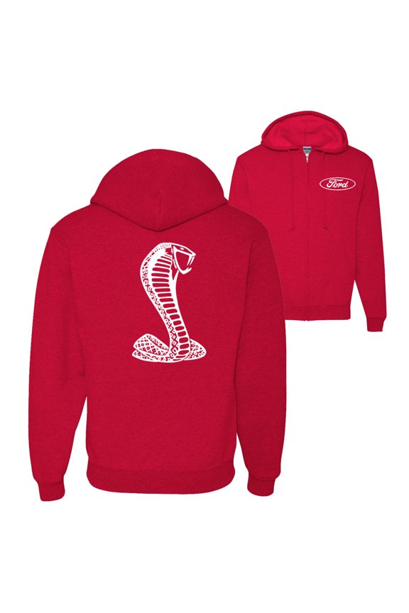 Retro Ford Shelby Cobra Emblem Vintage White Logo Front Back Cars and Trucks Graphic Zip Up Hoodie Sweatshirt, Red, Medium