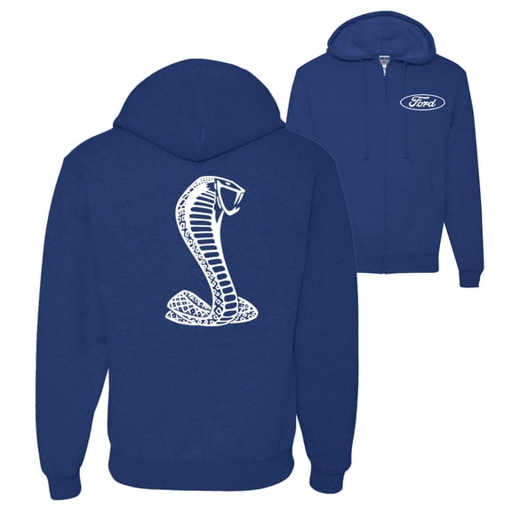 Retro Ford Shelby Cobra Emblem Vintage White Logo Front Back Cars and Trucks Graphic Zip Up Hoodie Sweatshirt, Royal, Small