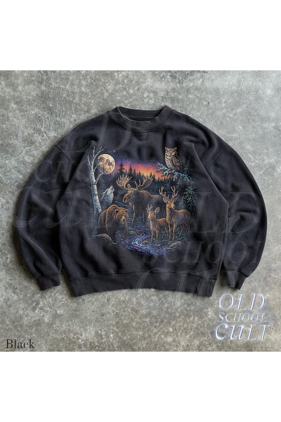 Retro Forest Animals Sweatshirt, Vintage 90s Wildlife Sweater, Wolf Moose Deer Owl Moon Crewneck, Nature Cabin Unisex Adult Pullover