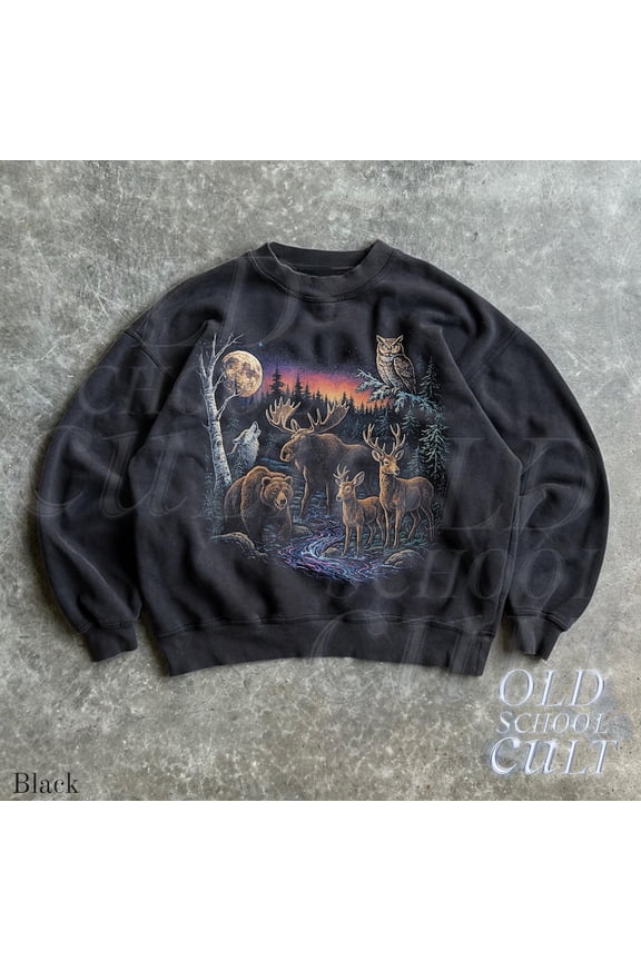 Retro Forest Animals Sweatshirt, Vintage 90s Wildlife Sweater, Wolf Moose Deer Owl Moon Crewneck, Nature Cabin Unisex Adult Pullover