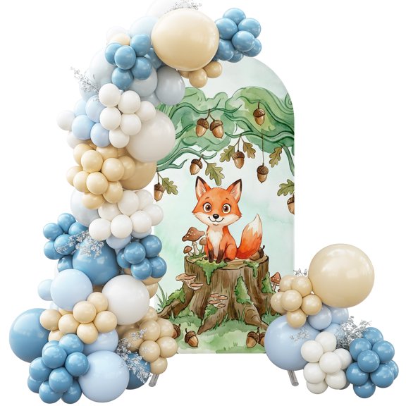 Retro Forest Arch Backdrop Cover 5 ft Modern Small Foxes Oak Trees Mushrooms 2 Sided Wedding Arch Covers Stretchy Backdrop Round Top for Birthday, Party, Baby Shower Decorations