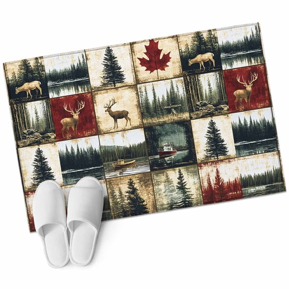 Retro Forest Area Rug 2x3ft Deer Maple Leaf Lake Distressed Patchwork Non-Slip Washable Square Rugs Soft Felt Indoor Floor Mat for Bedroom Kitchen Living Room Bathroom