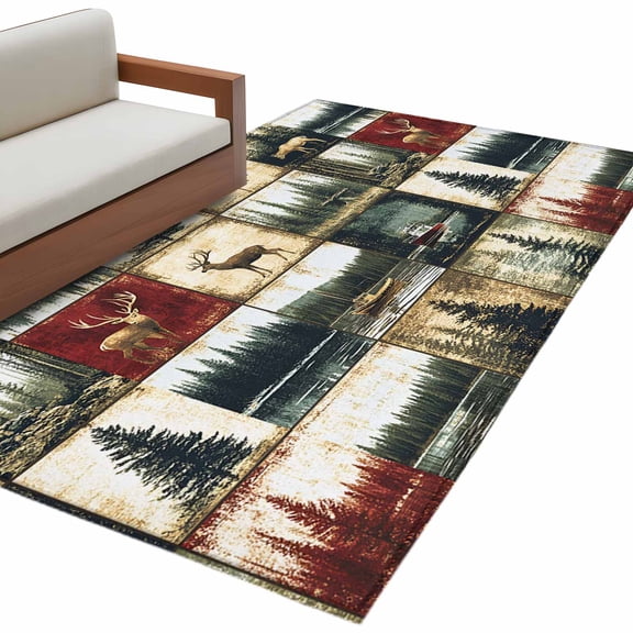 Retro Forest Area Rug 3x5ft Deer Maple Leaf Lake Distressed Patchwork Non-Slip Washable Square Rugs Soft Felt Indoor Floor Mat for Bedroom Kitchen Living Room Bathroom