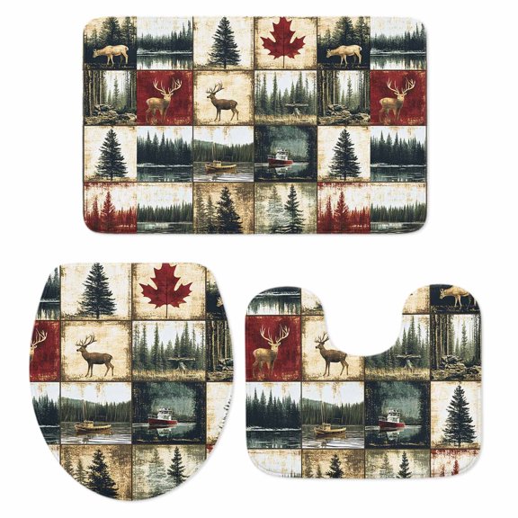 Retro Forest Bathroom Rugs Set Deer Maple Leaf Lake Distressed Patchwork Non Slip Absorbent Soft Bath Mats 3 Piece Set with Bathroom Rug, U-Shaped Floor Mat, Toilet Seat Cover Large Size