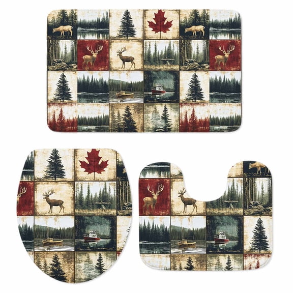 Retro Forest Bathroom Rugs Set Deer Maple Leaf Lake Distressed Patchwork Non Slip Absorbent Soft Bath Mats 3 Piece Set with Bathroom Rug, U-Shaped Floor Mat, Toilet Seat Cover Small Size