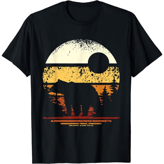 Retro Forest Bear T-shirt Animal Lovers Casual Tops Black 2X-Large