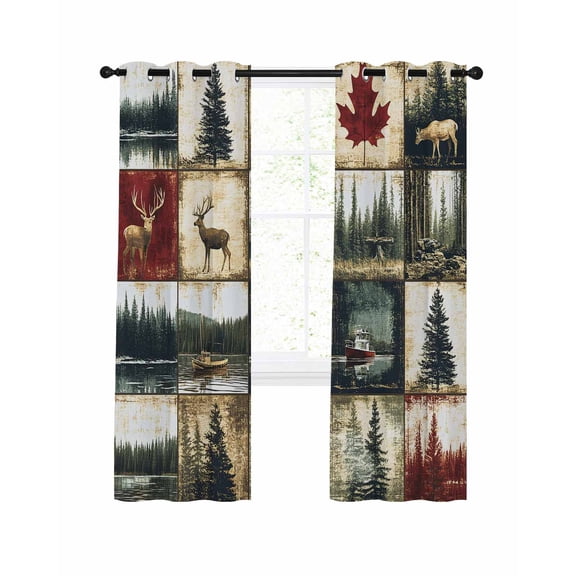 Retro Forest Blackout Curtains 84 Inch Length Deer Maple Leaf Lake Distressed Patchwork Thermal Insulated Window Curtain Window Drapes 2 Panels for Bedroom Living Room 42"Wx84"L
