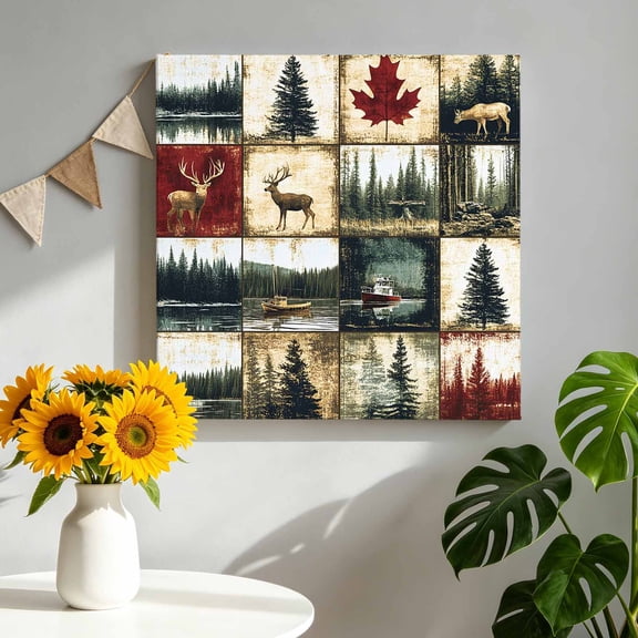 Retro Forest Canvas Wall Art, Deer Maple Leaf Lake Distressed Patchwork Pictures Wall Decor Wooden Framed Artwork Art Prints for Living Room Hallway Bedroom Office 10"x10"