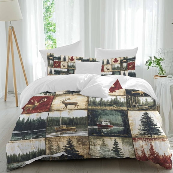 Retro Forest Duvet Cover Set Queen Size, Deer Maple Leaf Lake Distressed Patchwork 4 Piece Soft Microfiber Bedding Set with 1 Duvet Cover, 1 Flat Sheet, 2 Pillowcases