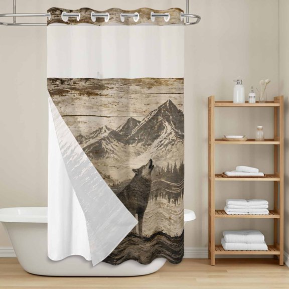 Retro Forest No Hook Shower Curtain with Snap in Liner, Country Vintage Wolf Mountain Pine Tree Landscape Waterproof Shower Curtains with See Through Top Window Liner for Bathroom, 36x72 Inches