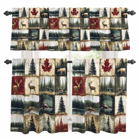 Retro Forest Kitchen Curtains Valance and Tier Set Deer Maple Leaf Lake Distressed Patchwork Rod Pocket Short Curtains for Small Window 3 Pieces Set for Bedroom Bathroom Cafe (54" x 18"+27" x 36")