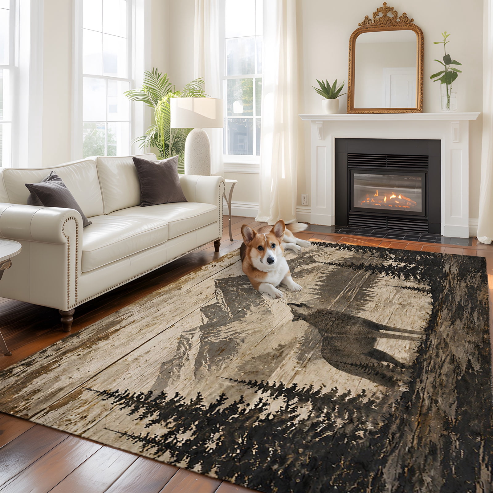 Retro Forest Large Area Rugs 5x8ft Country Vintage Wolf Mountain Pine ...