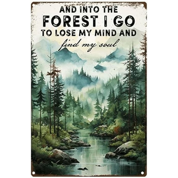 Retro Forest River Metal Tin Sign, Rustic Nature Wall Decor for Cabin, Home or Man Cave, Woodland Outdoor Vibes Plaque, 8 x 12 Inch