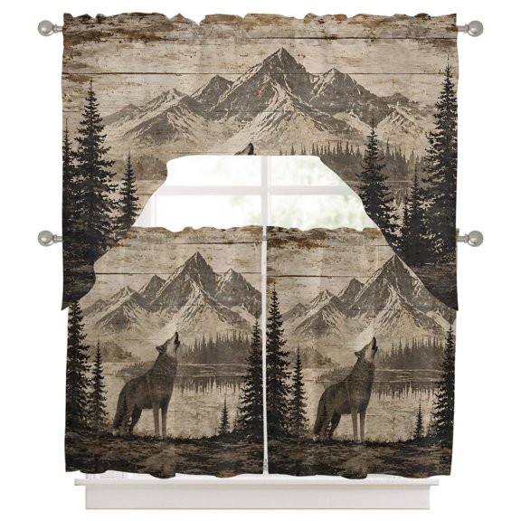 Retro Forest Swag Valance and Tier Set of 3, Country Vintage Wolf Mountain Pine Tree Landscape Swag Curtains Valances for Small Window Treatment Rod Pocket for Kitchen Bathroom 56x36in+27.5x36*2