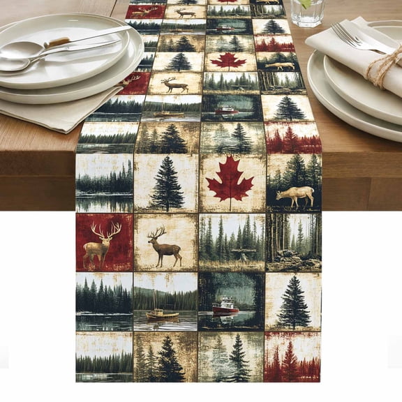 Retro Forest Table Runner 13 x 108 Inch, Deer Maple Leaf Lake Distressed Patchwork Washable Cotton Linen Dining Table Runner Tabletop Decorations for Restaurant Home Kitchen Party