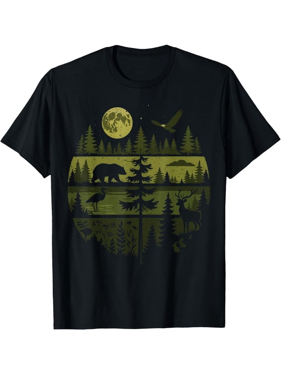 Retro Forest Wildlife Graphic T‑Shirt, Nature Outdoor Bear Deer Pine Tree Moon Short‑Sleeve Tee for Men