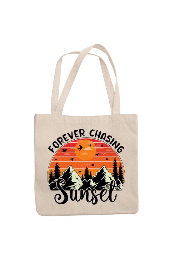 Retro Forever Chasing Sunset feat. a Setting Sun & Mountains, 12oz Canvas Tote Bag