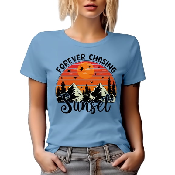 Retro Forever Chasing Sunset feat. a Setting Sun & Mountains, Baby Blue T-Shirt, Large