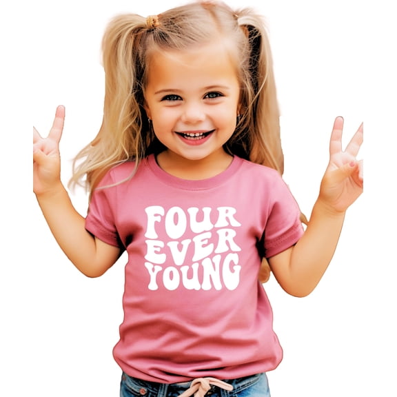 Retro Four Ever Young Shirt for Boys & Girls Groovy 4th Birthday T-Shirt for Kids Mauve Shirt 4T
