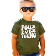 Retro Four Ever Young Shirt for Boys & Girls Groovy 4th Birthday T-Shirt for Kids Military Green Shirt 3T