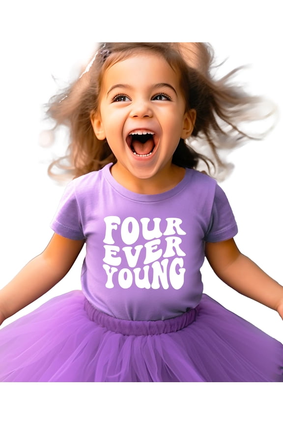 Retro Four Ever Young Shirt for Boys & Girls Groovy 4th Birthday T-Shirt for Kids Purple Shirt 5-6