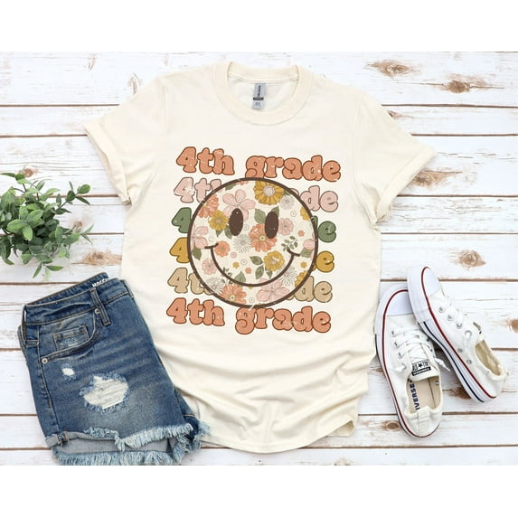 Retro Fourth Grade Teacher T-Shirt Vintage 4th Grade Teacher Crew Shirts Female Large